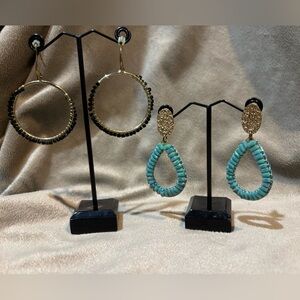 Two pairs boutique beaded dangle earrings hoop and teardrop style turquoise boho